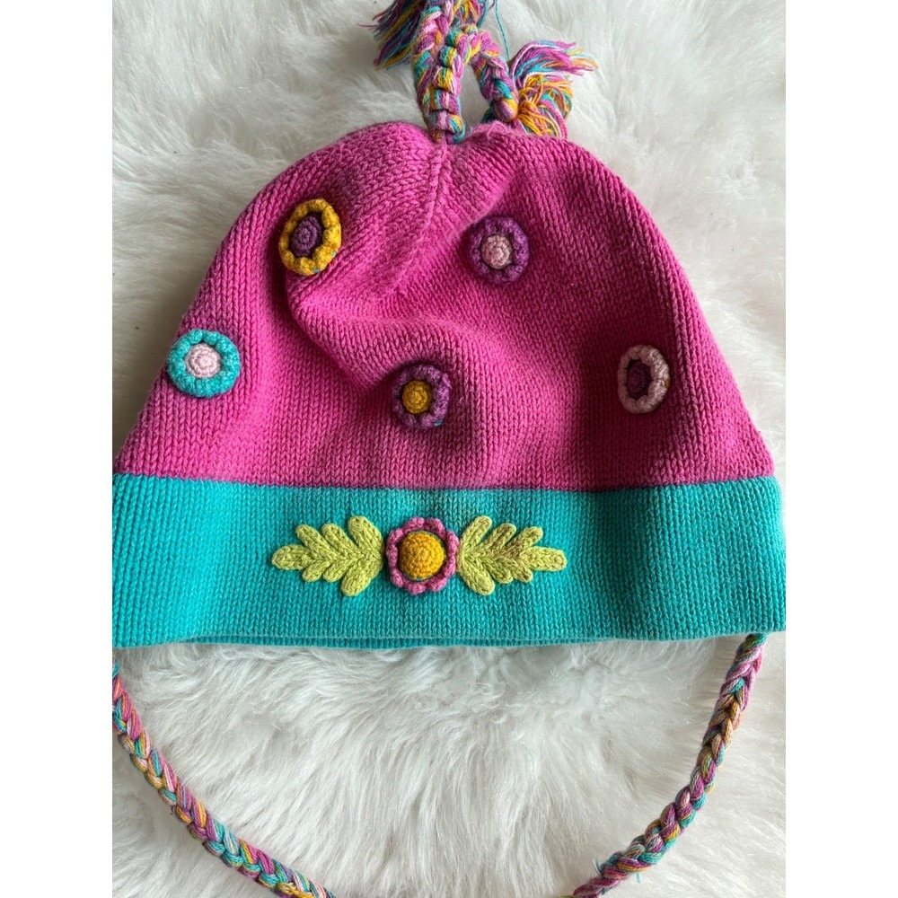 Hanna Andersson Kids Beanie Hat Pink Teal Flowers‎ Tassels Braids Size M